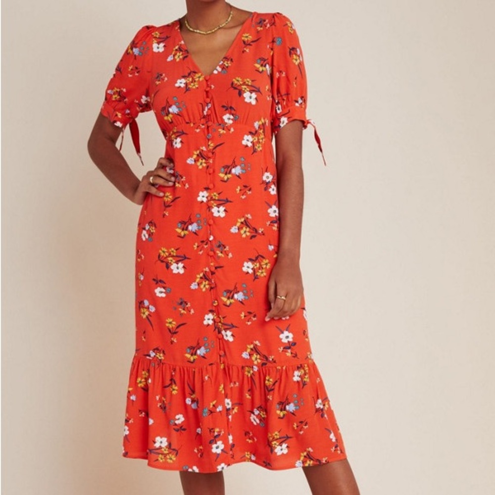 Maeve by Anthropologie Eudora Midi Dress Floral Tie Sleeves